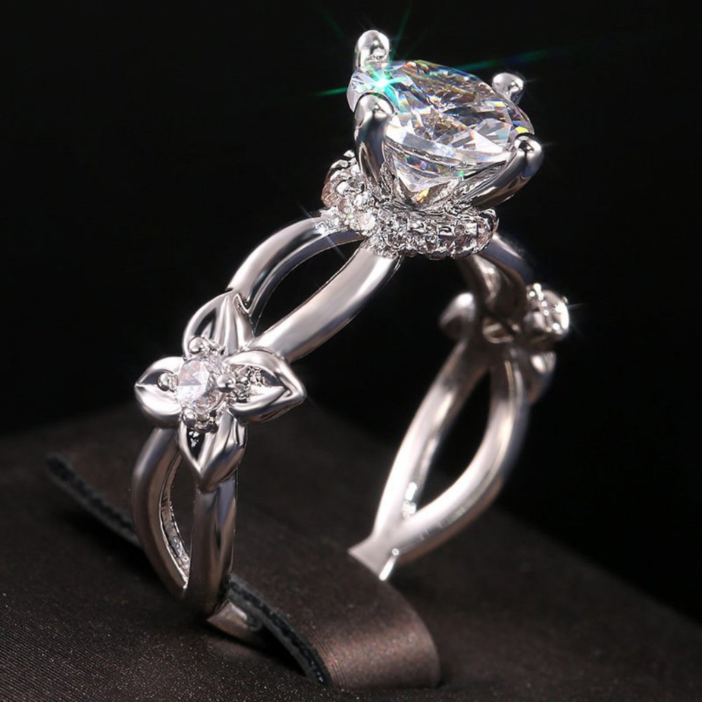 NEW 925 Silver Solitaire Diamond Flower Ring B
